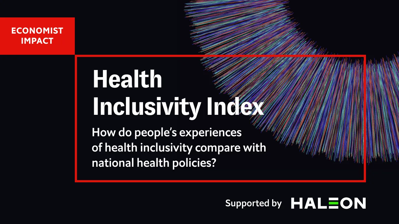 Graphic for the Economist Impact Health Inclusivity Index supported by Haleon, illustrating global insights into health literacy and equitable access.
