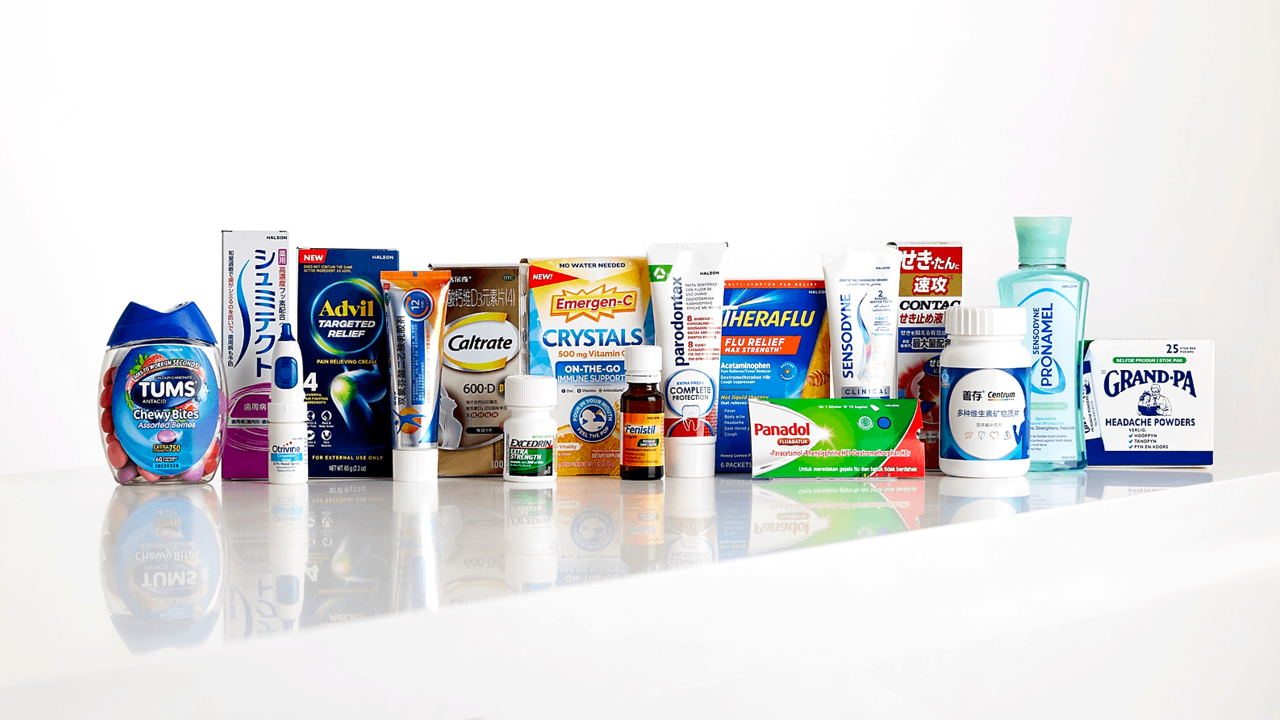 Assortment of consumer healthcare and wellness products.