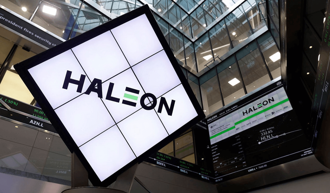 Haleon branding displayed on stock exchange screens.