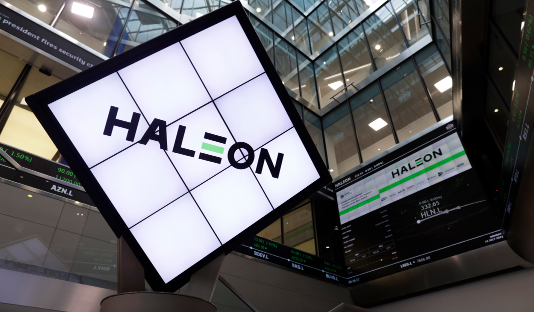 A rombus-shaped screen showcasing Haleon's logo on a white background.