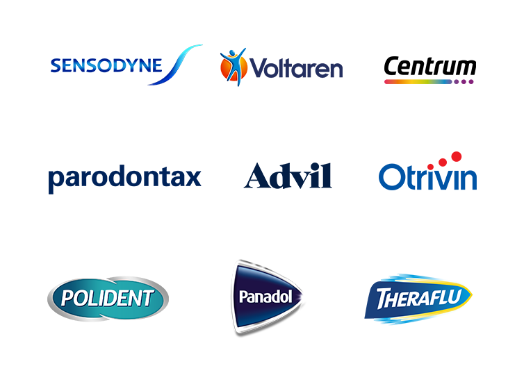 Logos of Haleon's power brands which include Sensodyne, Voltaren, Centrum, Paradontax, Advil, Otrivin, Polident, Panadol and Theraflu